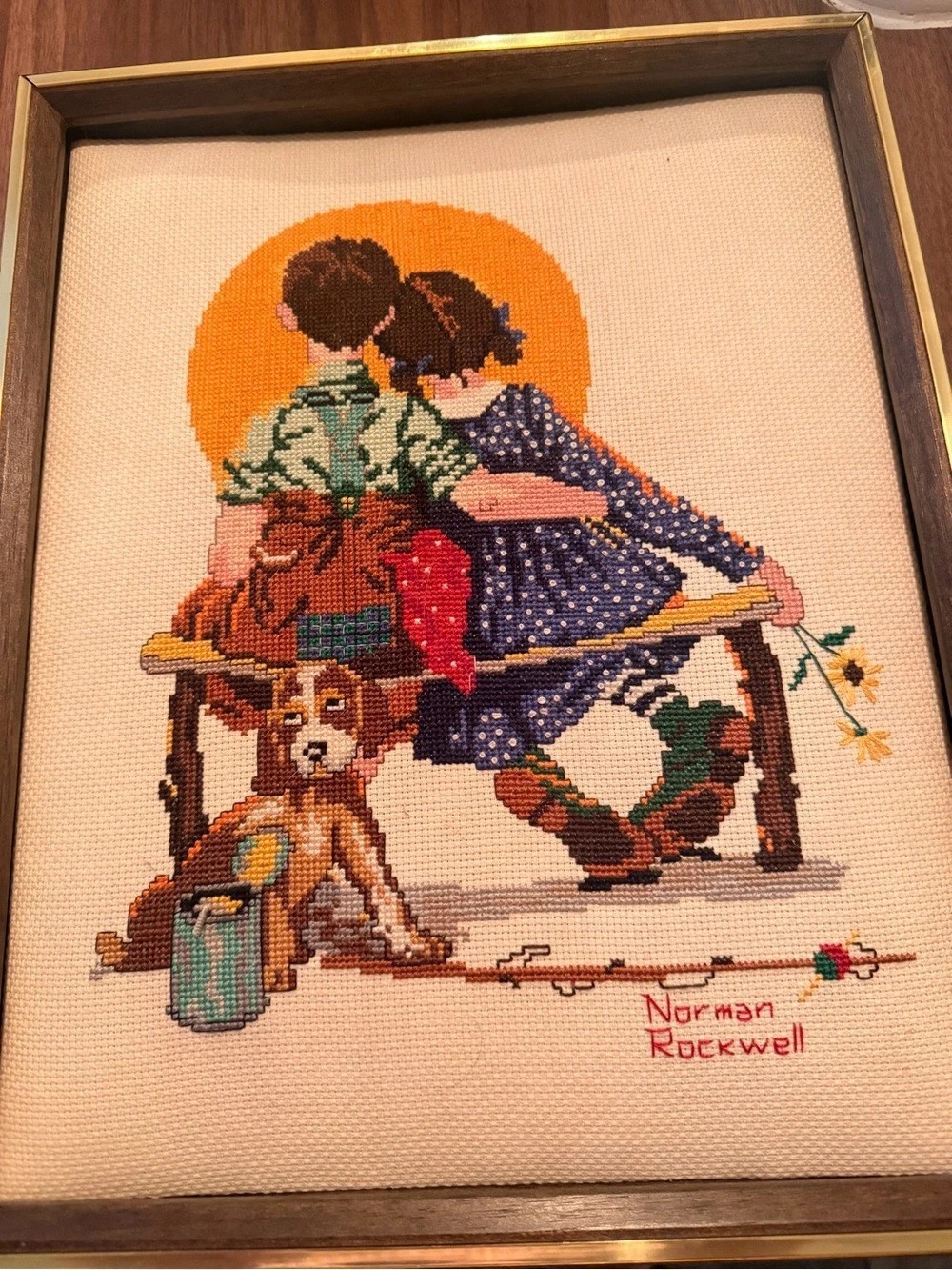 Vintage Norman Rockwell Sunset / Little Spooners Framed Fiber Art